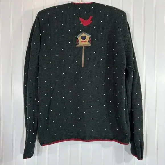 Vintage Womens Winter Sweater Size M Christmas Green 90s Beaded Hand Embroidered - Picture 2 of 13